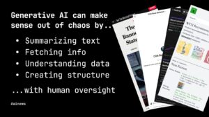 Slide from Zach Seward's presentation. Generative AI can make sense out of chaos.
