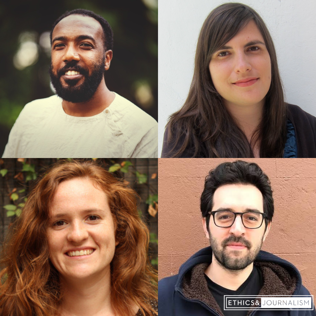 Four photos of journalists, one wearing a green shirt, one with red hair, one with dark hair and a beard, and one with long hair.