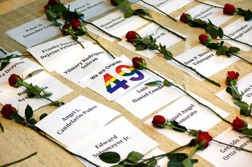 Several of the names of the 49 victims of the Pulse nightclub shooting are seen as they are placed on the floor outside U.S. Sen. Marco Rubio's Orlando office to pressure him to take action on gun violence during a sit in. AP Photo/John Raoux