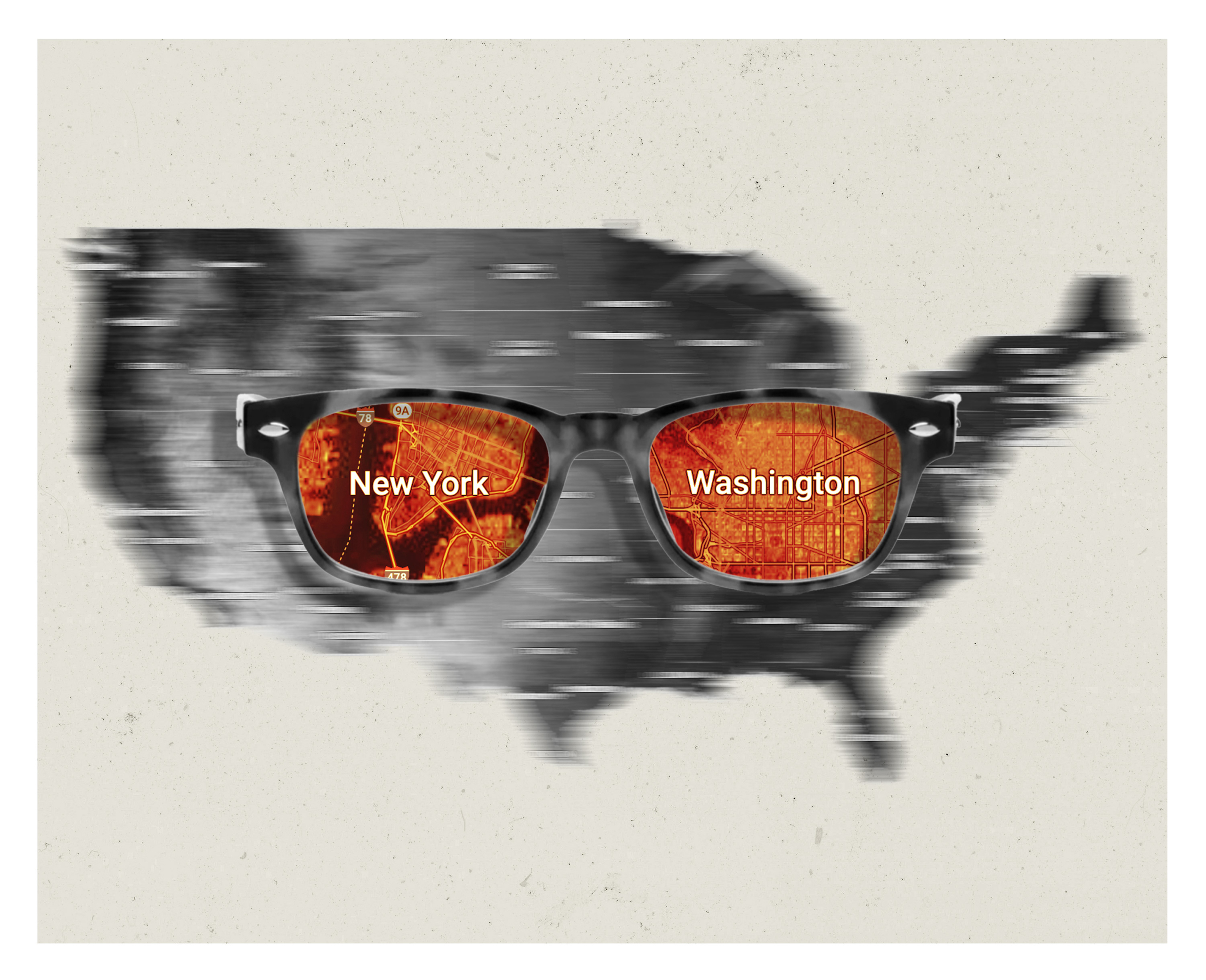 Map of United States with sunglasses with the words "New York" and "Washington" in the lenses.